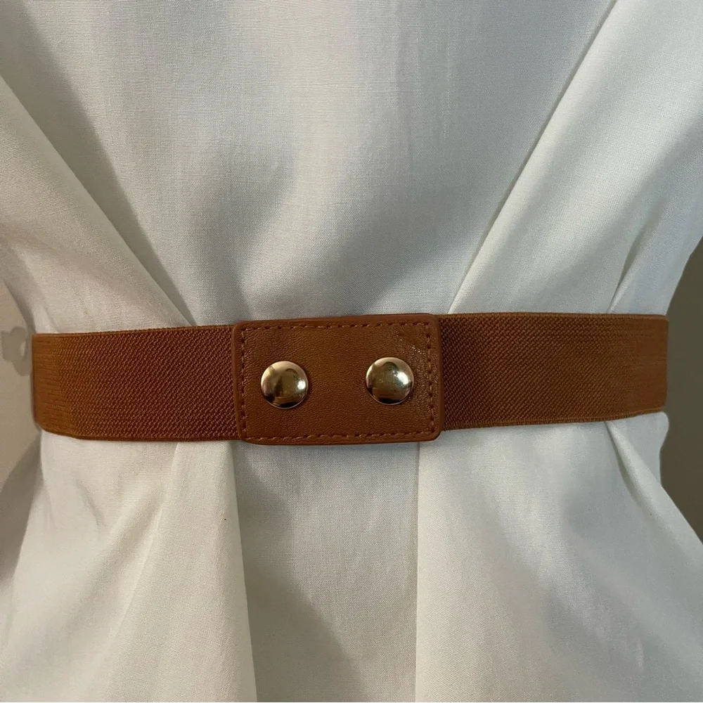 Brown faux leather gold tone chained elastic waistband skinny belt - Picture 4 of 8